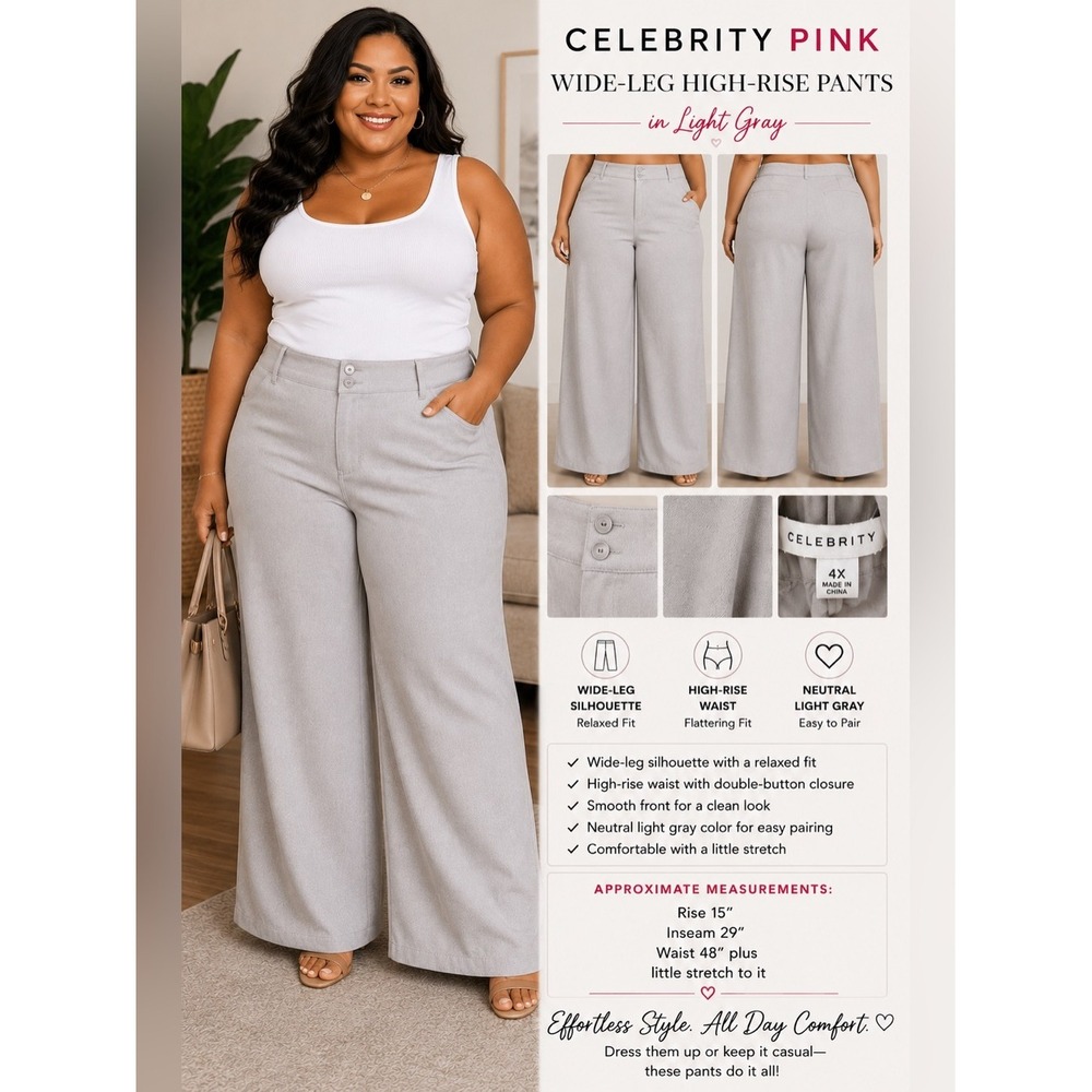 Celebrity Pink Wide-Leg High-Rise Pants‎ in Light Gray NEW 4X